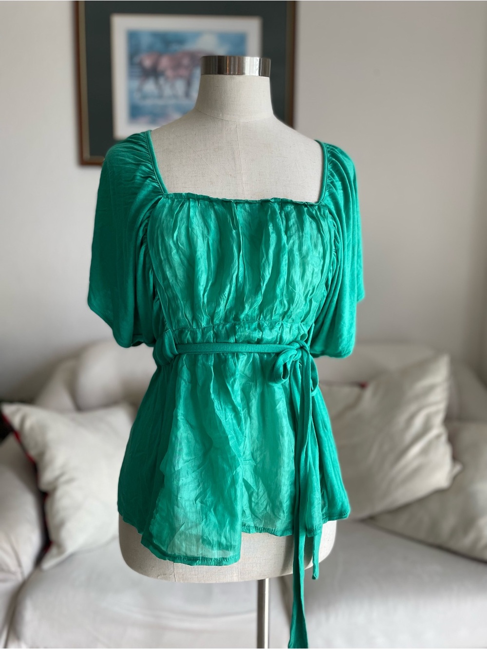 Aryn K Emerald Green Square-Neck Tie-Waist Blouse